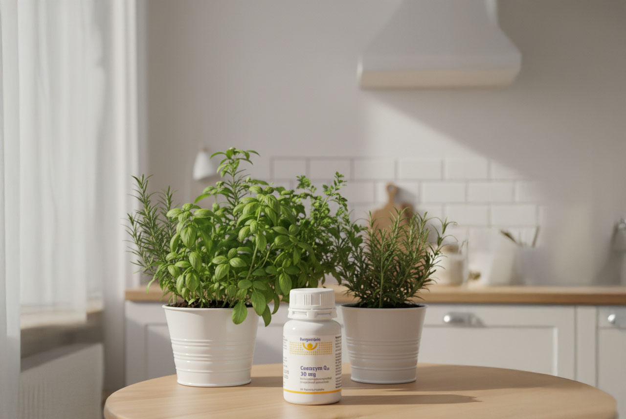 burgerstein-coenzym-q10-kapseln-test Die Burgerstein Coenzym Q10 Kapseln präsentiert auf einem Küchentisch.