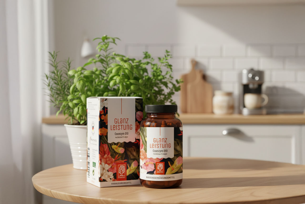 glanzleistung-naturtreu-coenzym-q10-test-titelbild Naturtreu's Coenzym Q10 Kapseln Glanzleistung präsentiert auf einem Küchentisch vor einem Strauch.