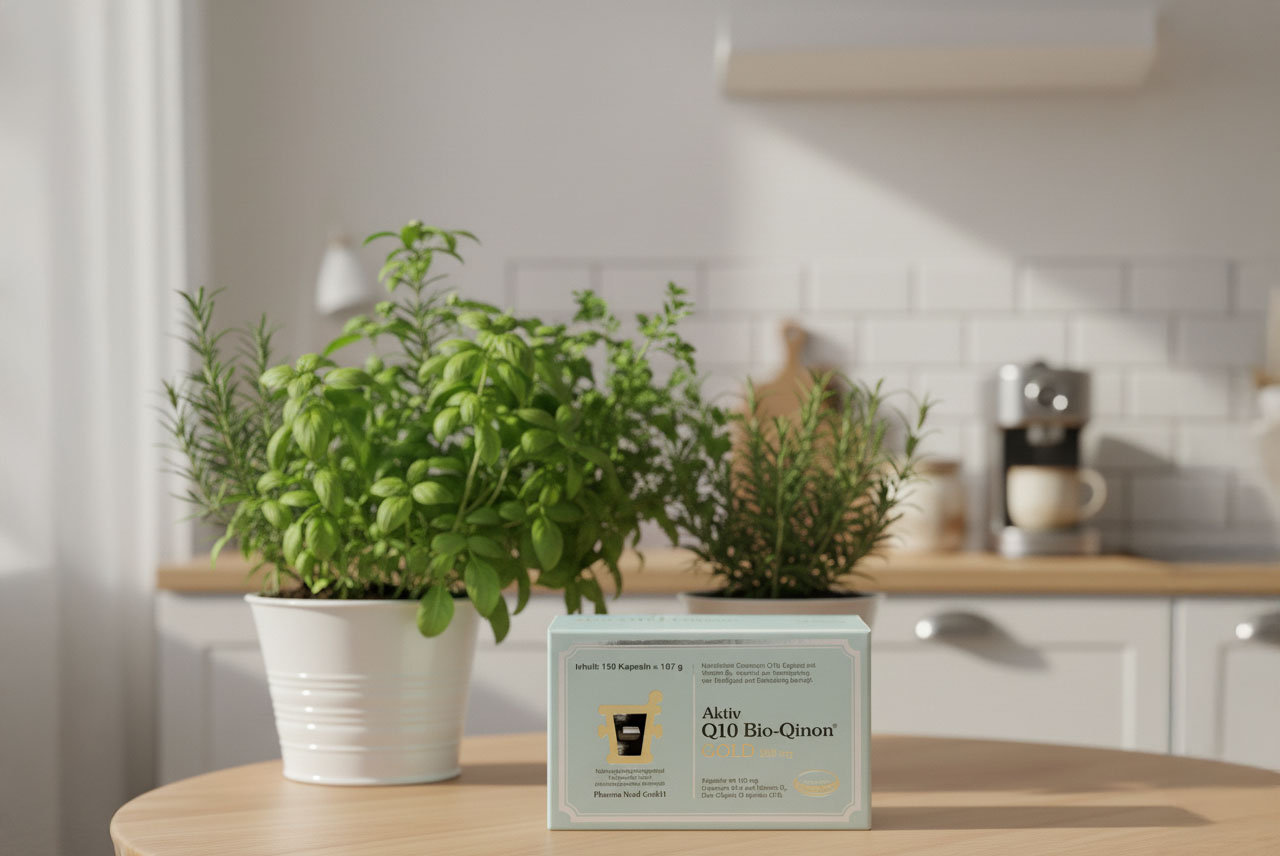nord-pharma-coenzym-q10-kapseln-test-titelbild Die Coenzym Q10 Kapseln von Nord Pharma auf einem Küchentisch präsentiert.