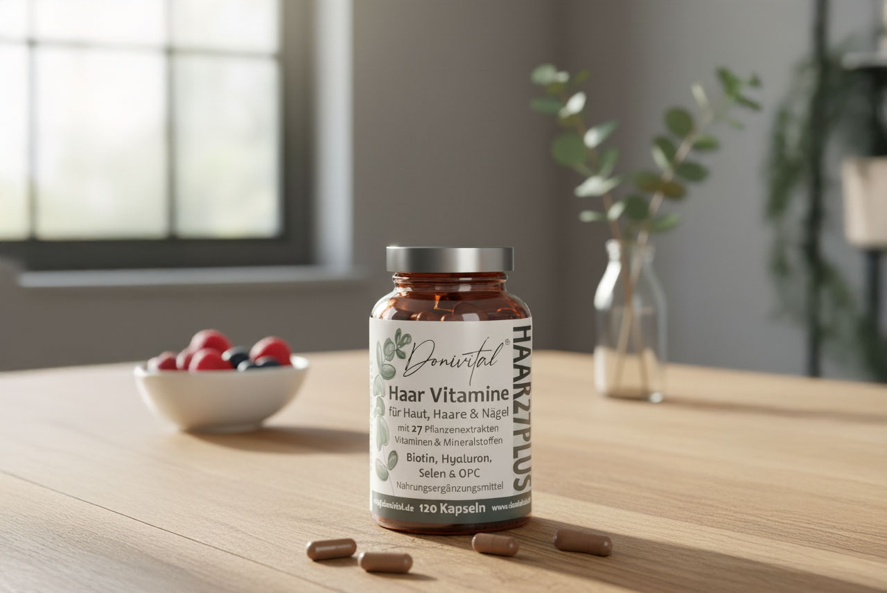 Donivital Haarvitamine Kapseln fotografiert auf einem Esstisch mit Blättern und Beeren im Hintergrund.