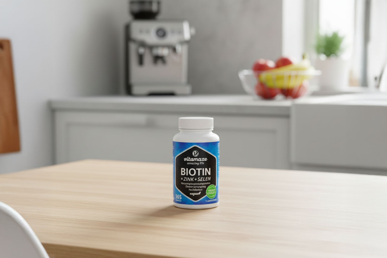 Die Vitamaze Kapseln mit Biotin + Zink + Selen platziert auf einem Küchentisch.