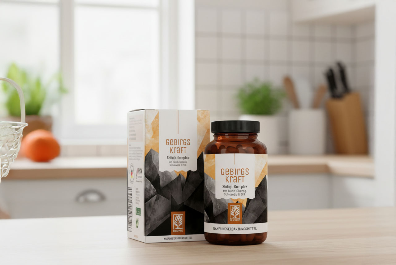 Naturtreu's Shilajit Kapseln Gebirgskraft präsentiert auf einer Arbeitsplatte einer Küche.