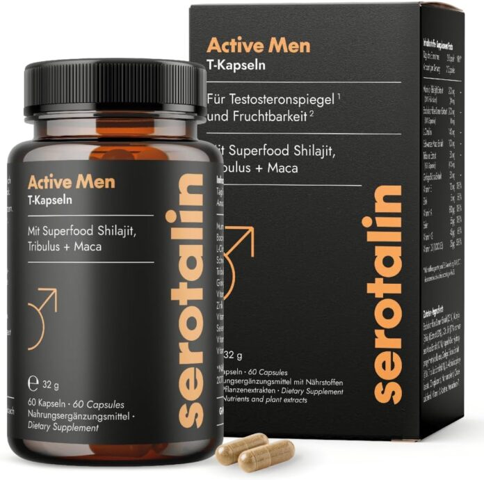 Shilajit Kapseln von Serotalin: Verpackung und Glasflasche präsentiert.