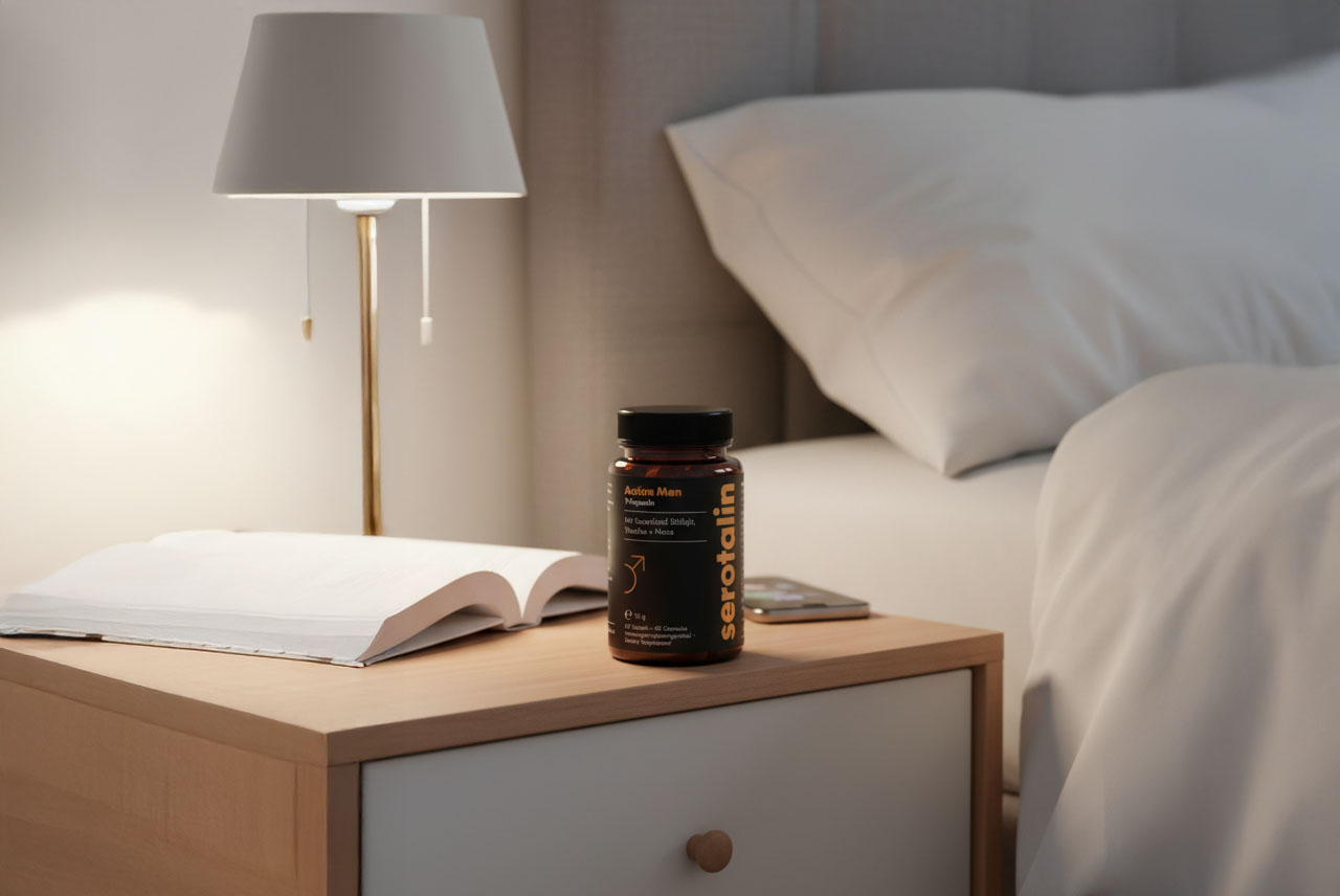 Shilajit Kapseln von Serotalin auf einem Nachttisch platziert.