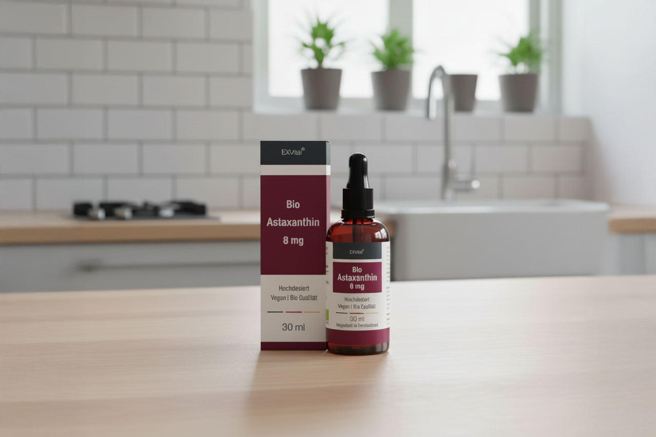EXVital Astaxanthin Tropfen in der Küche - Test Titelbild