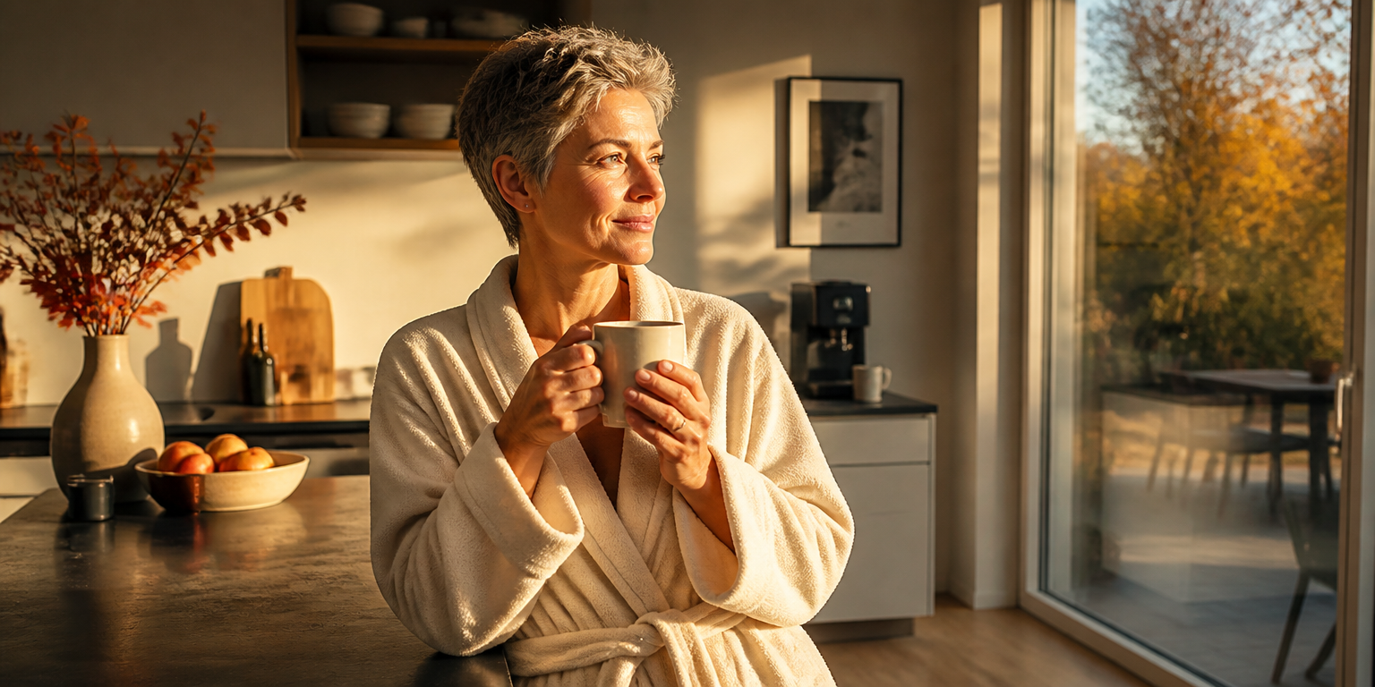Frau ca. 52 früh morgens in der Küche mit Kaffeetasse