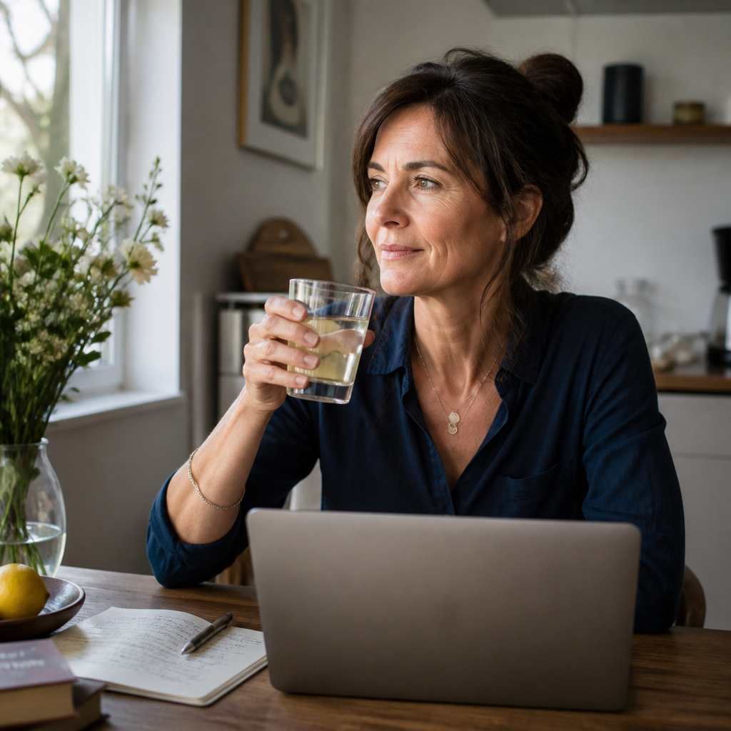 Sabine am Schreibtisch, Glas neben dem Laptop