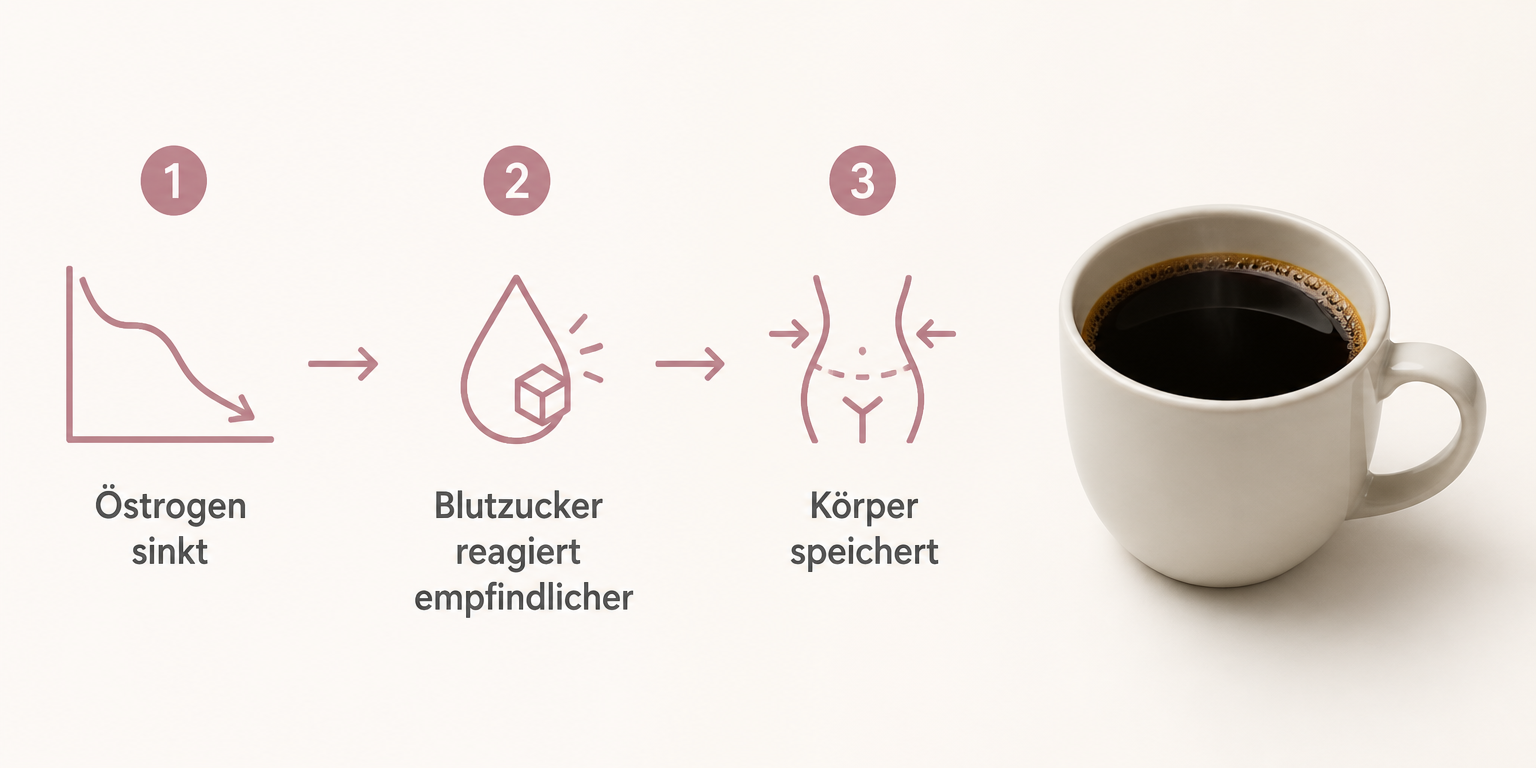 Grafik: Östrogen sinkt, Blutzucker reagiert empfindlicher, Körper speichert