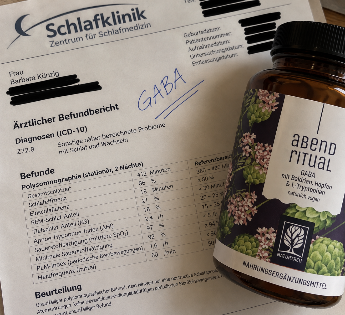 Abendritual von Naturtreu auf dem Befundbogen aus dem Schlaflabor