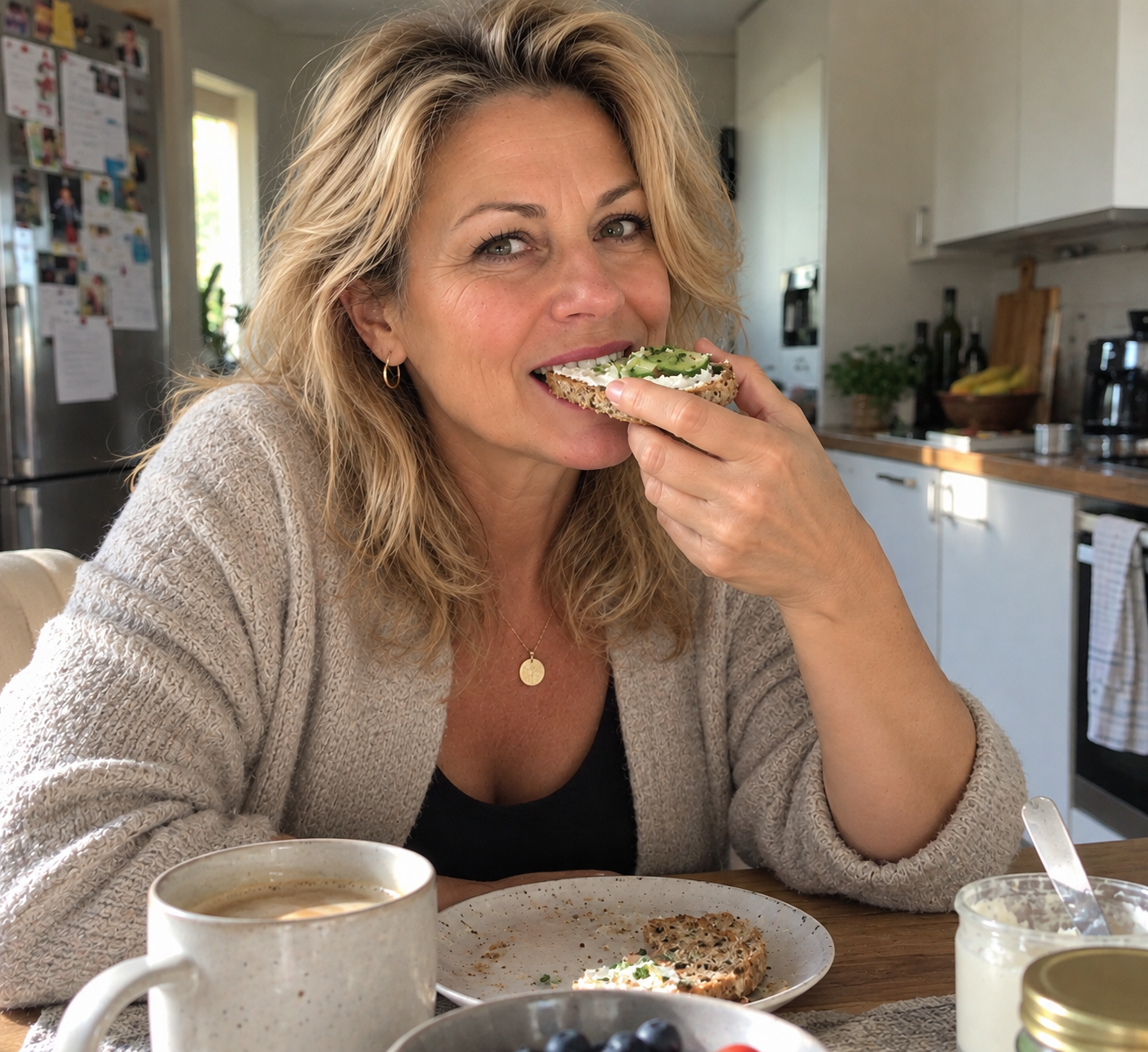 Lächelnde Frau beim Frühstück in einer gemütlichen Küche