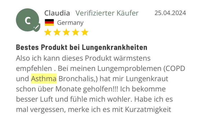 Kundenbewertung von Claudia: Bestes Produkt bei Lungenkrankheiten