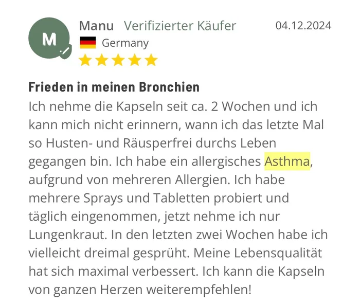 Kundenbewertung von Manu: Frieden in meinen Bronchien
