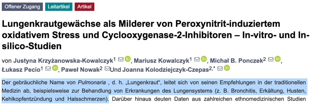 Studie: Lungenkrautgewächse als Milderer von Peroxynitrit-induziertem oxidativem Stress