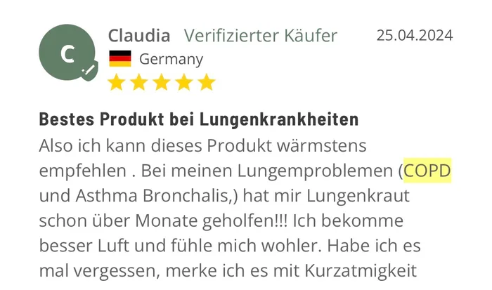 Kundenbewertung von Claudia: Bestes Produkt bei Lungenkrankheiten