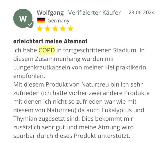 Kundenbewertung von Wolfgang: erleichtert meine Atemnot